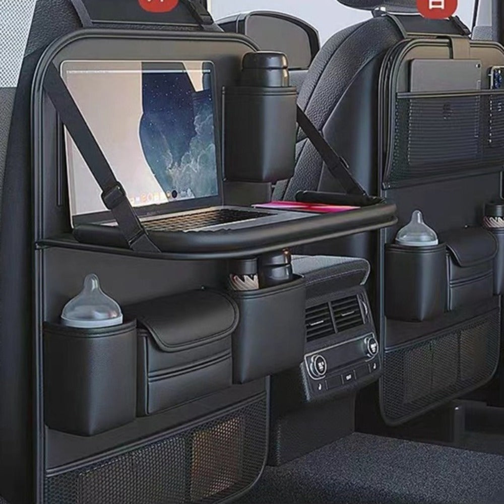 Black PU Leather Car Seat Back Organizer with Laptop Sleeve, Mesh Pockets, Bottle Holders and Foldable Storage