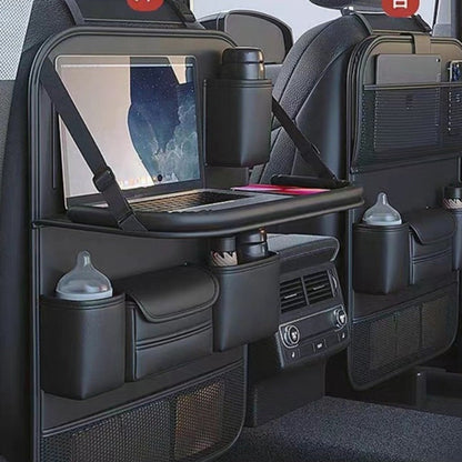 Black PU Leather Car Seat Back Organizer with Laptop Sleeve, Mesh Pockets, Bottle Holders and Foldable Storage