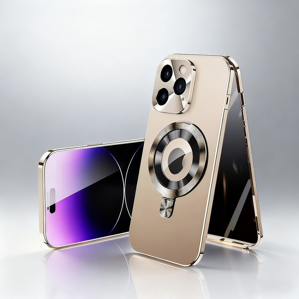 Phone Case Privacy Screen with Aluminum Alloy Frame, Rear Stand and magnetic ring for iPhone 15 Pro
