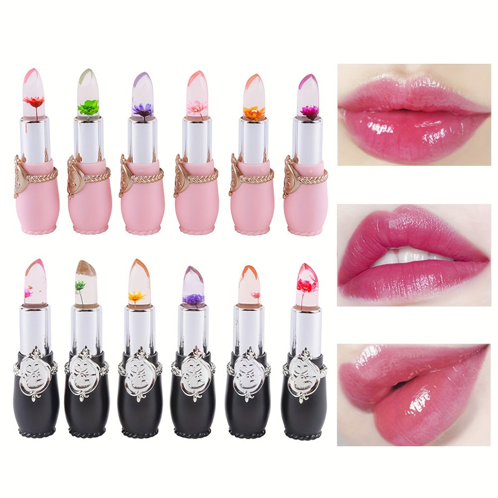 Lipstick Set, 12-Piece Flower-Core Jelly Collection with Pink-and-Black or Black-and-Black Case Options