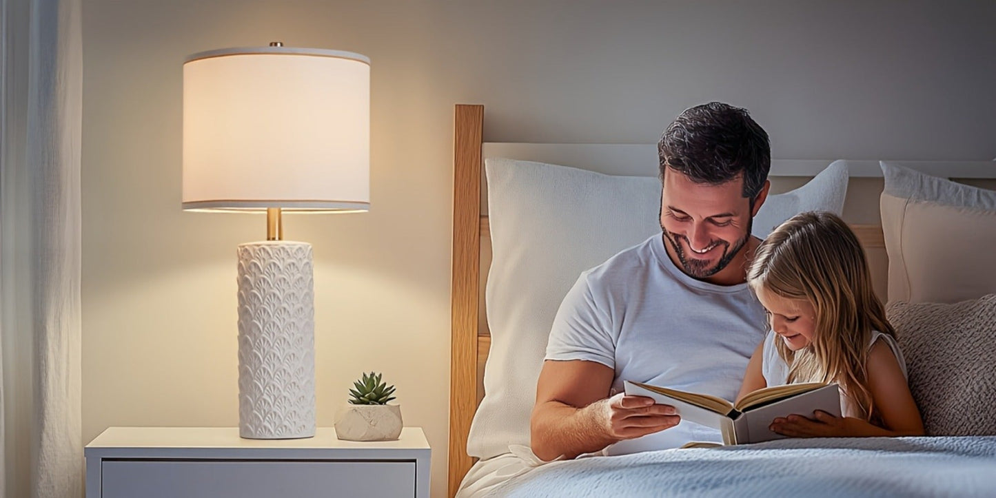 Table Lamp with Ceramic Textured Base, Drum Shade, 9W LED Bulb, Five Colors and Three Color Temperatures