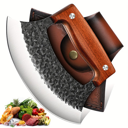 Hand-Forged Ulu Knife Rocker Blade High Carbon Steel Full Tang Rosewood Handle with Leather Sheath & Gift Box