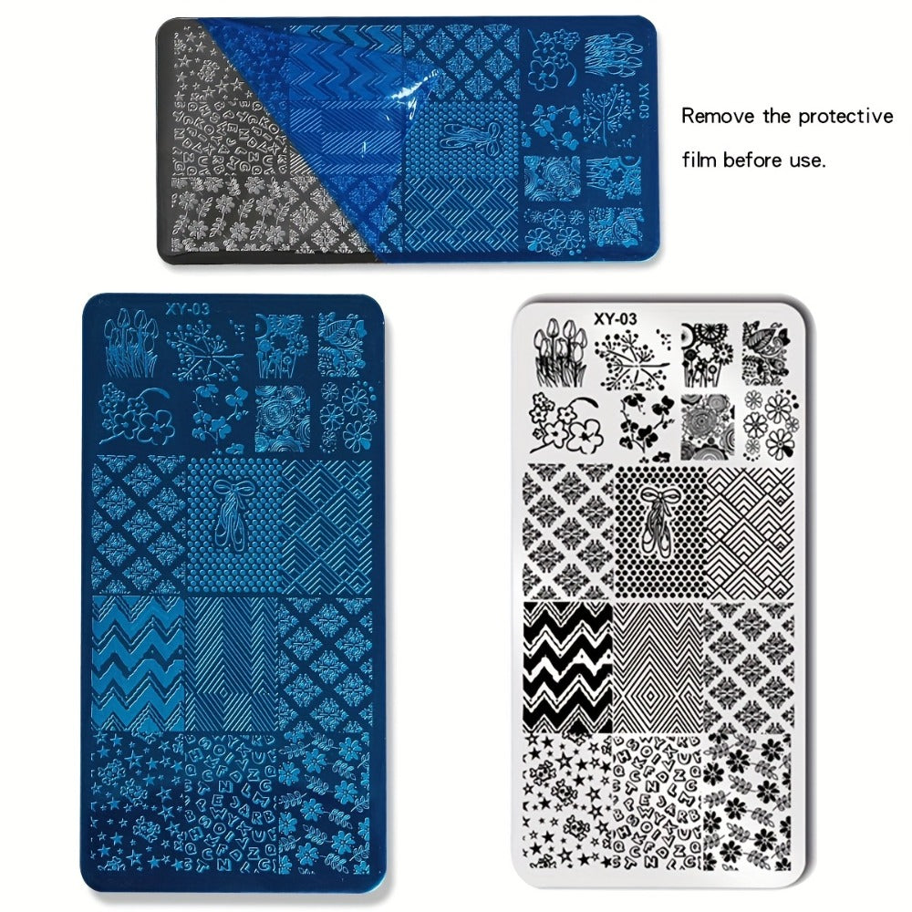 Nail Stamping Plate Set 9Pcs with 7 Mixed Design Stainless Steel Plates – Complete Nail Art Stamp Kit with Stamper & Scraper for Floral