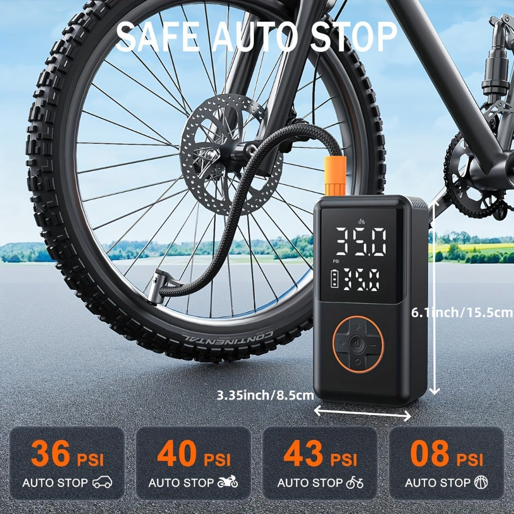 Compact Cordless Tire Inflator with Digital LCD Screen, Blue Air Hose and Pictured Valve Adapters