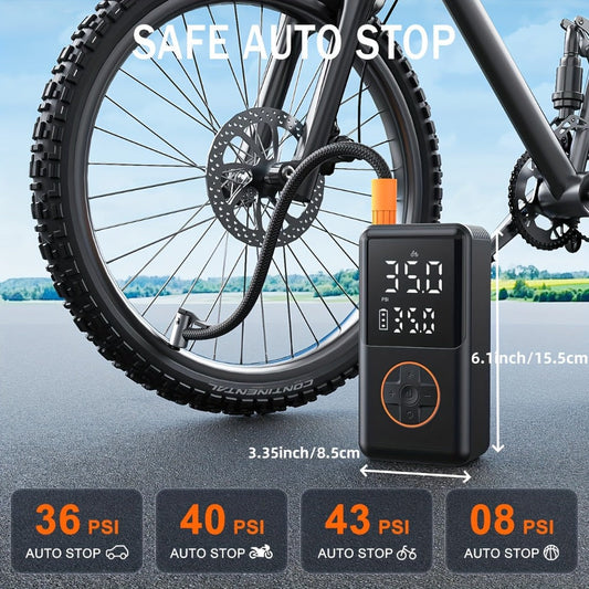 Compact Cordless Tire Inflator with Digital LCD Screen, Blue Air Hose and Pictured Valve Adapters