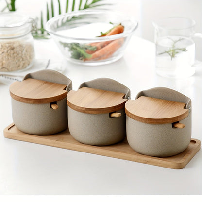 Ceramic Seasoning Pot Set with Lid & Spoon – Salt Pepper Spice Jar Container with Tray Kitchen Condiment Storage Organizer for Counter