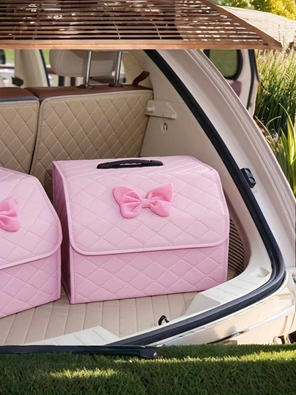 Car Trunk Organizer, Foldable Faux Leather Bow-Detail Box in 30L or 35L Size with Pink and Black Options