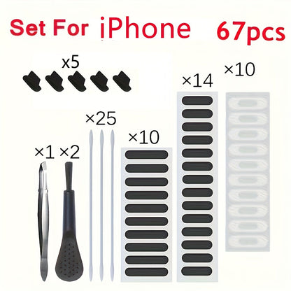 Phone Dust Plug Kit 67PCS – Type-C & Lightning Port Protectors, Speaker Dust Mesh Stickers, Cleaning Brush Set