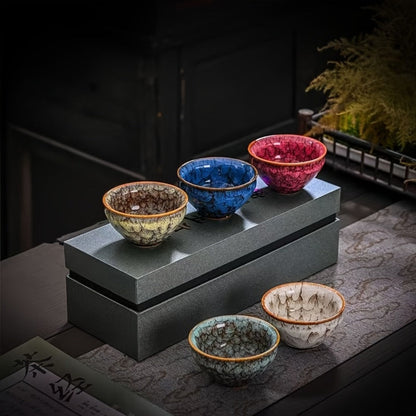 Kung Fu Tea Cups Set of 5 – Handmade Kiln-Fired Jianzhan Ceramic Teacups – Five-Element Design in 5 Colors with Gift Box