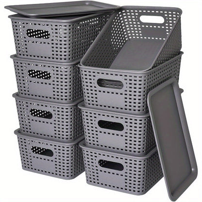 Shelf Storage Organizer Bins with Lids 4 or 8 Pack, Stackable 10 x 7 x 4 Inch Boxes in Four Colors