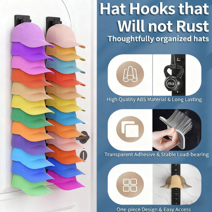 Hat Organizer Wall Mounted 2-Pack, 24-Cap Storage Hooks, Adhesive or Drill Install, Closet Entryway Bedroom Hat Rack