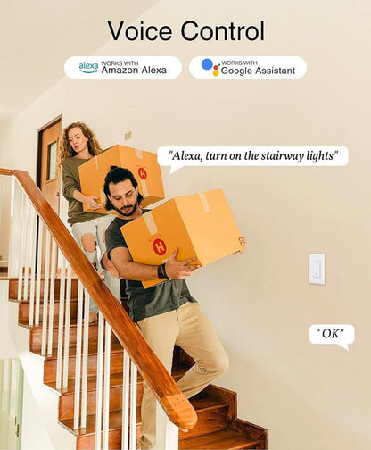 White Single-Pole and 3-Way WiFi Wall Switch in One-, Two- or Four-Piece Packs with App, Voice and Timer Control