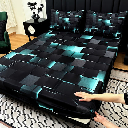 Fitted Sheet Set 3 Piece Digital Print Plaid – Deep Pocket 15 Inch Bed Sheet with 2 Pillowcases, 85% Polyester Soft Breathable Bedding Set