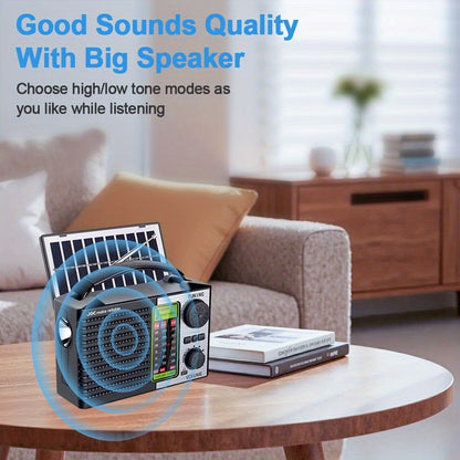 Emergency Solar Hand Crank Radio 5-in-1 with Dual Speaker, FM AM SW VHF, MP3 USB TF Card Player, 180° Foldable Solar Panel
