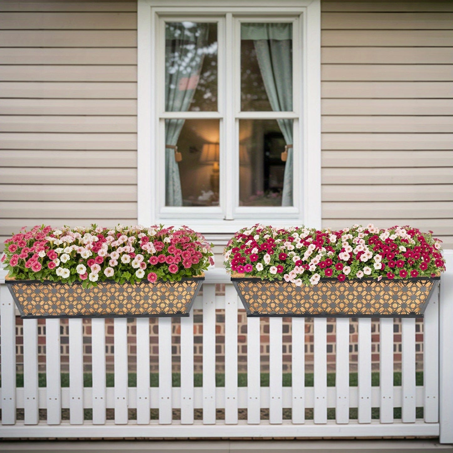 Window Box Planter 24 Inch with Coco Liner Adjustable Railing Brackets Cast Iron Flower Box for Porch Fence Balcony Patio Outdoor Garden