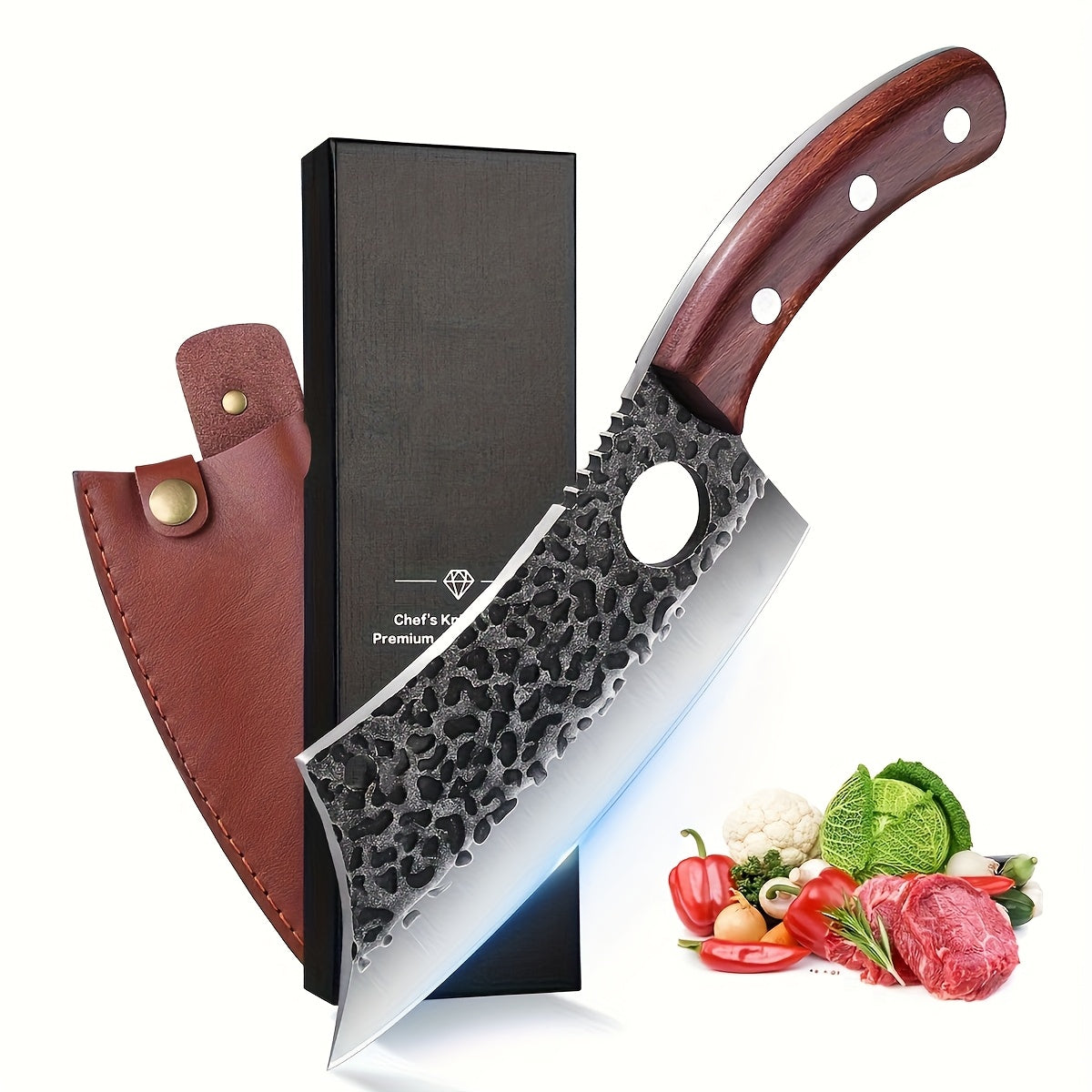 Chef Knife Hand Forged, High-Carbon Steel Viking Cleaver Full Tang Oak Handle with Sheath for Home Cooking, Dining and Outdoor Meals