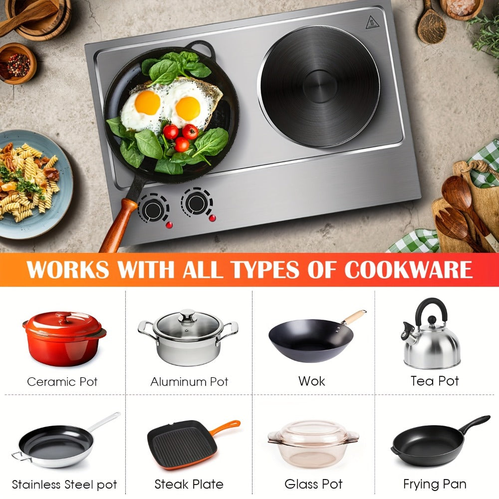 Hot Plate Electric Burner with Temperature Control, Dual Size Coil Burners 7.4in & 6.1in, Countertop Electric Stove for Daily Cooking