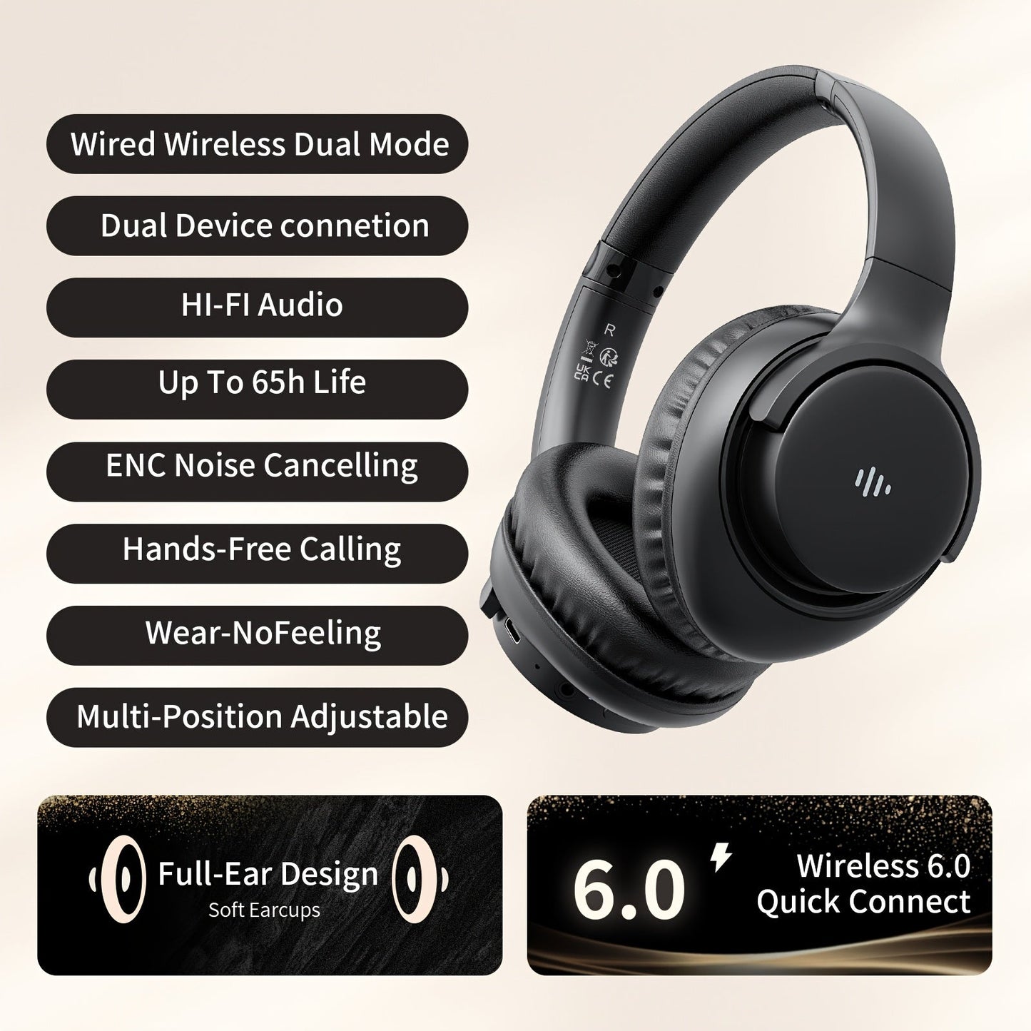 KVIDIO 65H Over-Ear Headphones Wireless HiFi Stereo Rich Bass Low Latency Foldable for Bedside Audio, Alarms and Room Entertainment