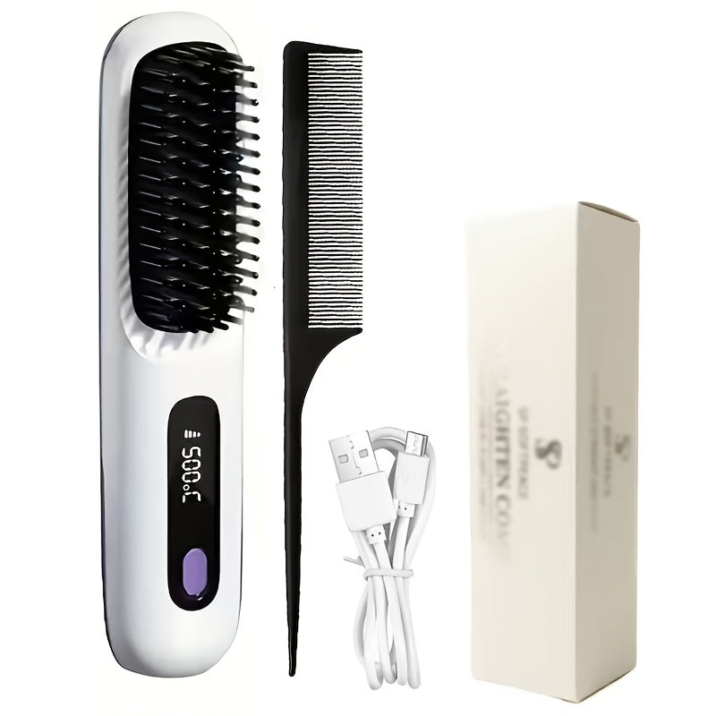 Compact Rechargeable Straightening Brush in Black or White with Display, Comb and USB Cable