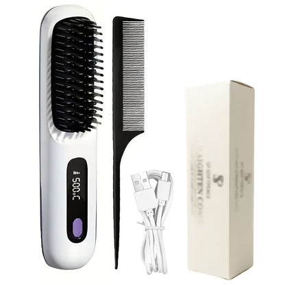 Compact Rechargeable Straightening Brush in Black or White with Display, Comb and USB Cable