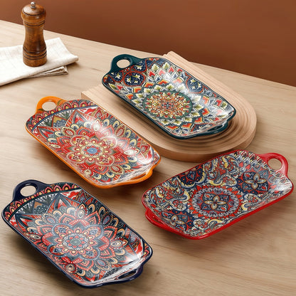 Ceramic Serving Platter Set of 4, Bohemian Rectangular Fish Dish with Double Handles, Baking Tray for Sushi Pasta Desserts Salads Fruits