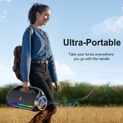 JYX D20 Portable Bluetooth Boombox Speaker with 3D Surround Sound, RGB Disco Lights, Deep Bass Boost