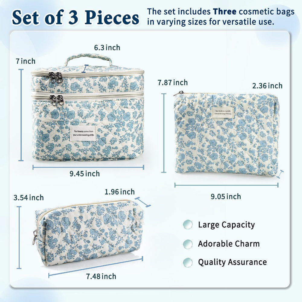 Quilted Floral Makeup Bag Set 3PCS Large Capacity Dual Layer Cotton Cosmetic Bags Coquette Aesthetic Travel Toiletry Organizer Gift