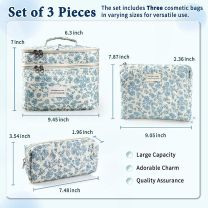 Quilted Floral Makeup Bag Set 3PCS Large Capacity Dual Layer Cotton Cosmetic Bags Coquette Aesthetic Travel Toiletry Organizer Gift