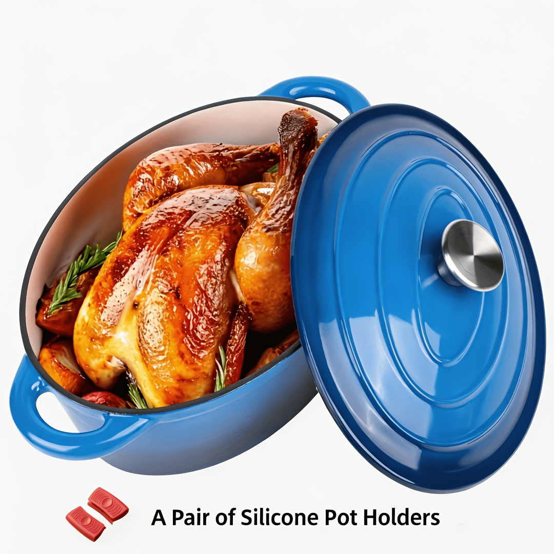 3.5L Enameled Cast Iron Dutch Oven with Oval Body, Fitted Lid, Handle Covers and Five Colors