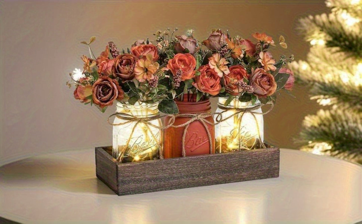 Mason Jar Centerpiece Table Decorations with Wood Tray & LED Lights, 3-Piece Farmhouse Decor Set for Dining Room