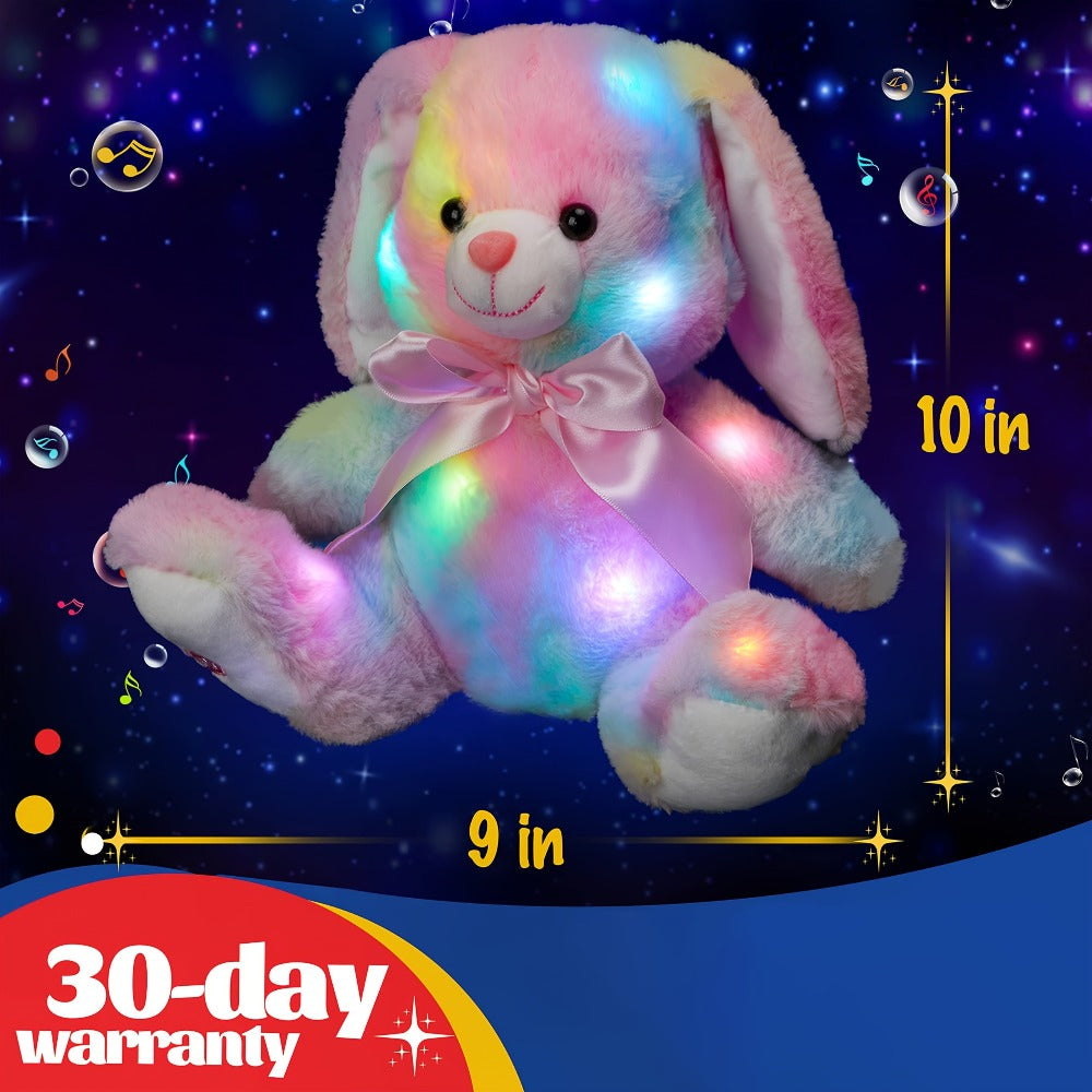 Musical Glowing Bunny Plush Toy 10 Inch, Rainbow Lop Ear Rabbit Stuffed Animal with LED Night Light & Lullaby Music for Toddlers Kids
