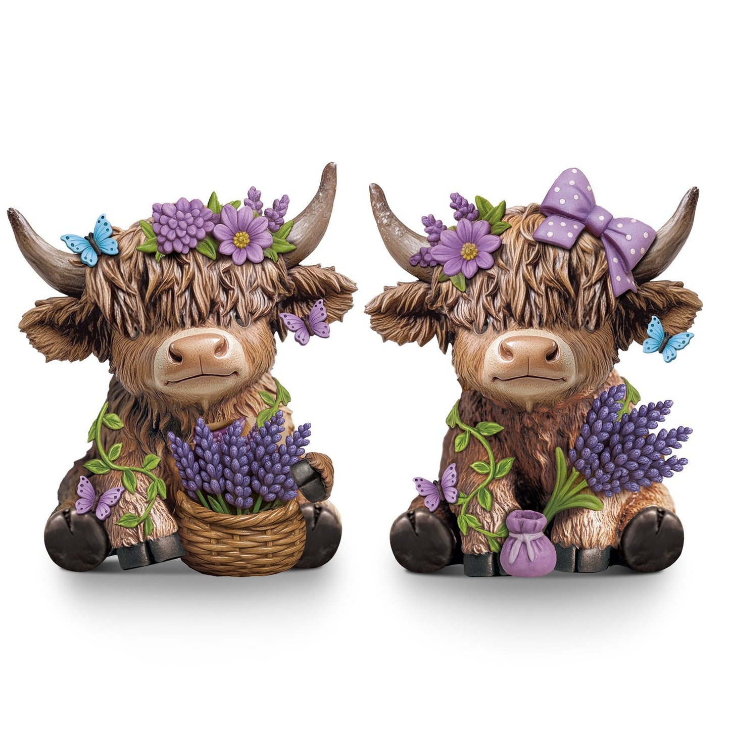 Scottish Highland Cow Figurines with Lavender - Resin Calf Statue Set of 2 for Home Garden Office Decor