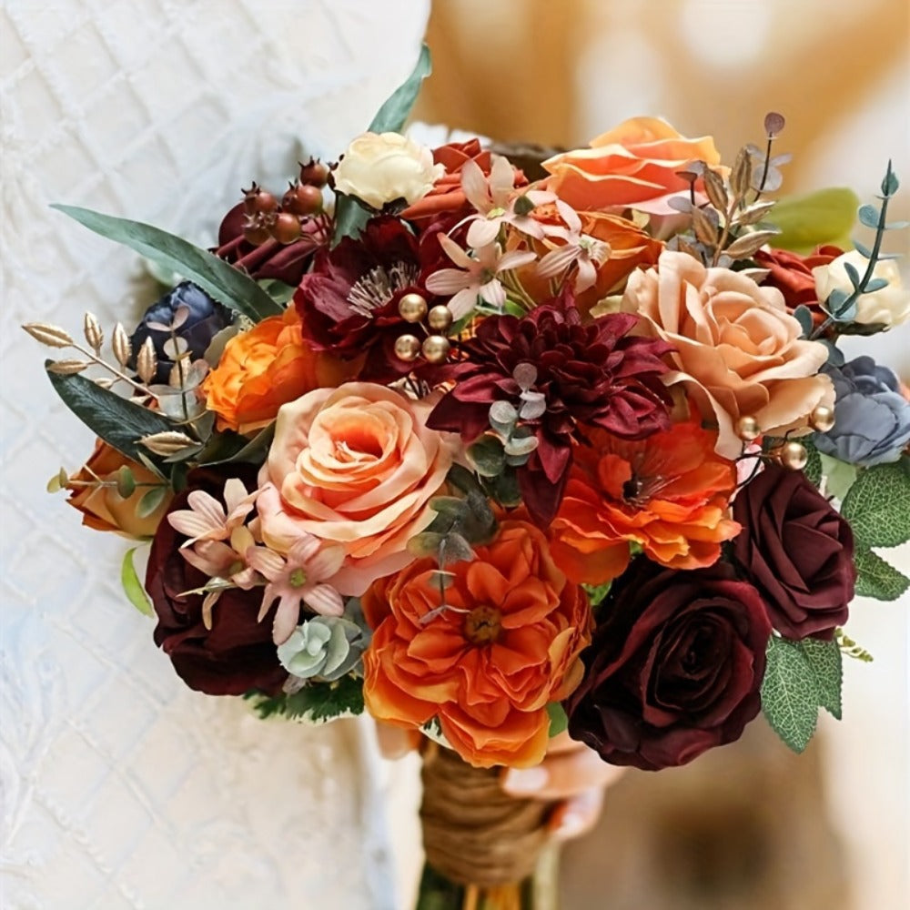 Artificial Flowers Foam Rose Bouquet with Orange, Wine Red and Blue Blooms plus Flexible Metal Stem