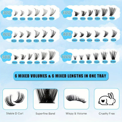 Complete 720-Piece Handmade Cluster Lash Kit with Glue & Tweezers, 30D to 100D, 6 Styles & Lengths