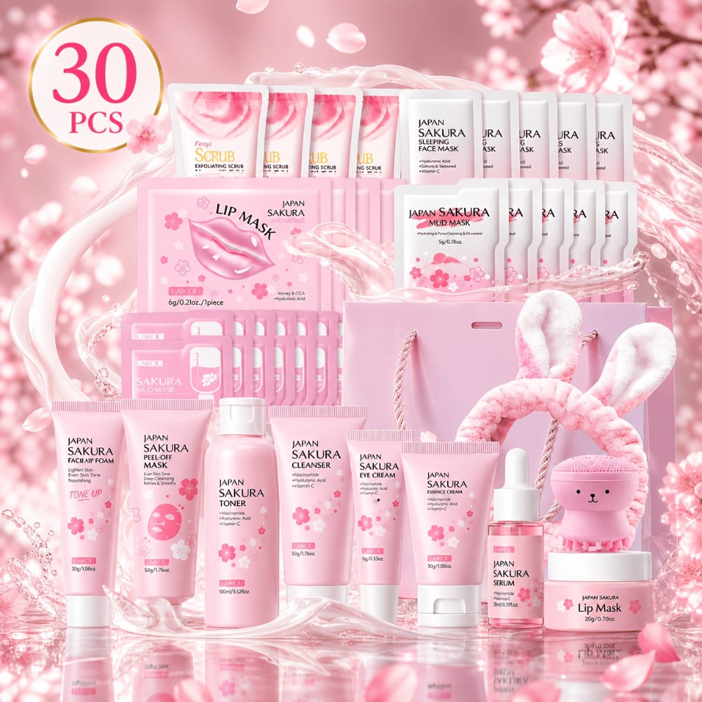30-Piece Sakura Skincare Gift Set with Pink Face-Care Assortment, Mask Packets, Pouch and Routine Accessories