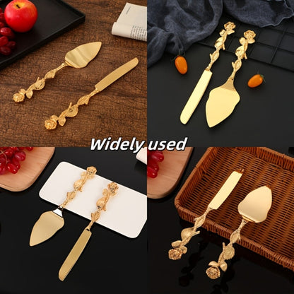 Cake Knife and Spatula Set with Rose Handle, Silver-Plated Dessert Server Gift Box Set for Wedding