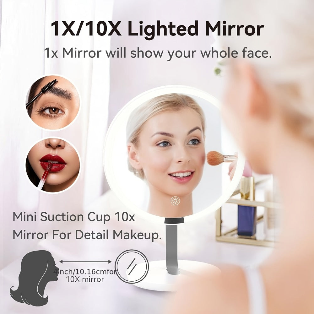 Makeup Mirror Round LED Desktop Stand with Detachable 10X Suction Mirror, Three Light Colors, Touch Dimming and USB Power