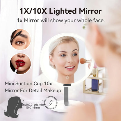 Makeup Mirror Round LED Desktop Stand with Detachable 10X Suction Mirror, Three Light Colors, Touch Dimming and USB Power