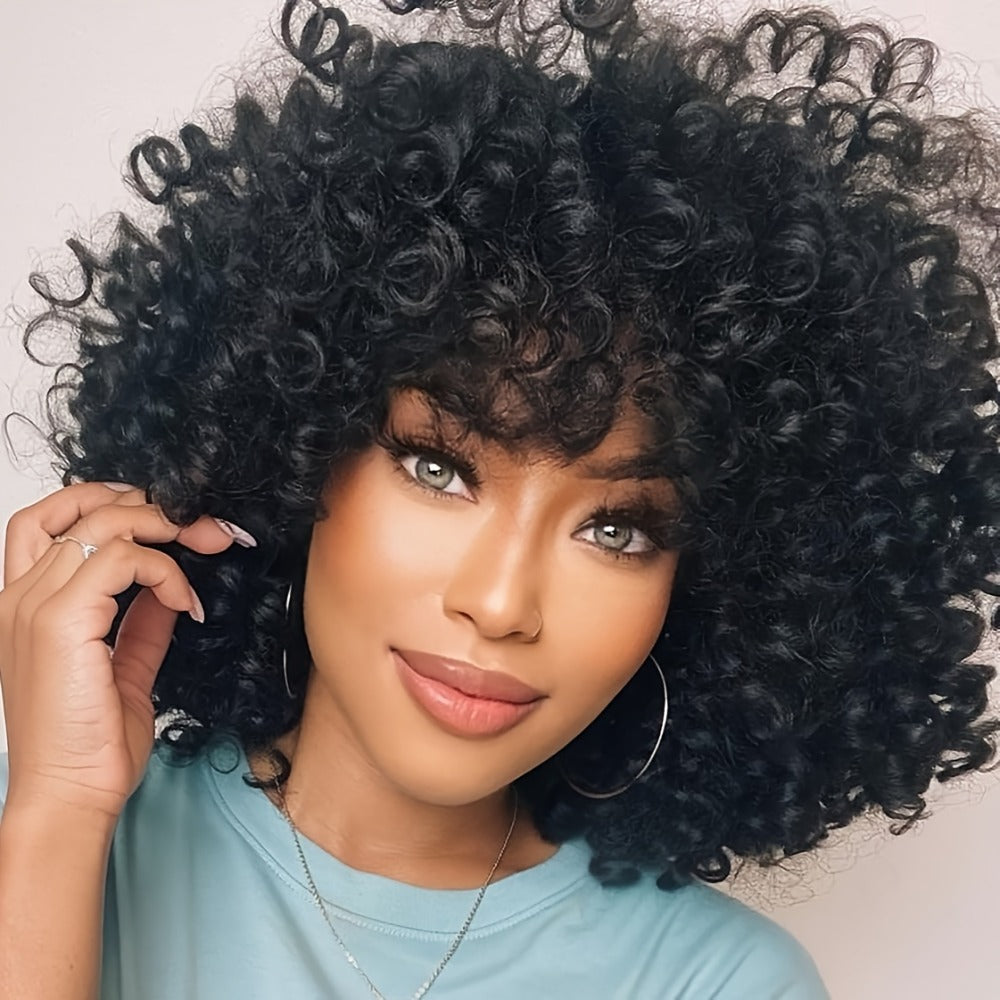 Synthetic Wig 14-Inch Kinky Curly Afro with Bangs, 180% Density and Stretch Net Cap for Daily Style