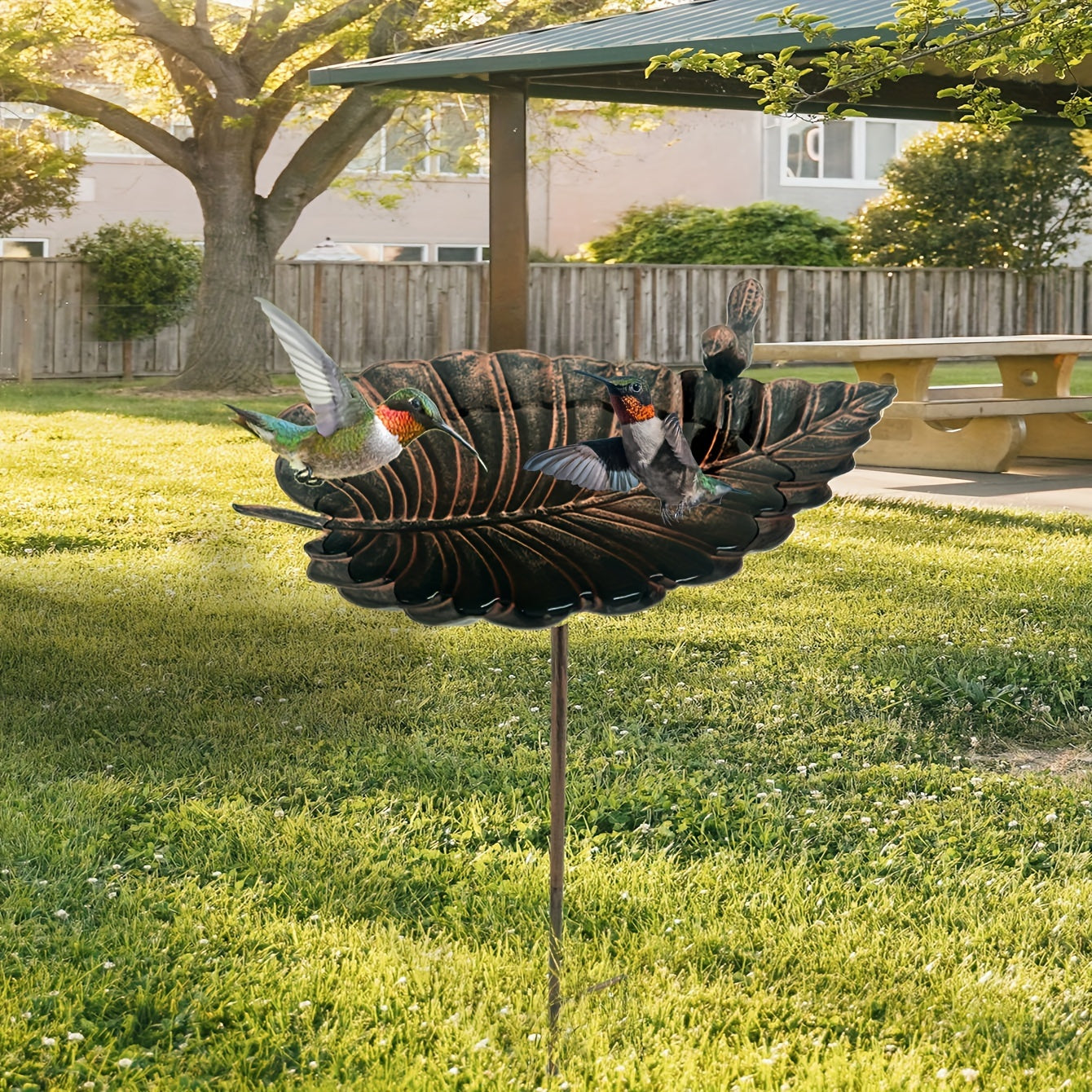 20-Inch Copper-Look Leaf Bird Bath with Bird Accent and Two-Prong Garden Stake for Yard and Lawn