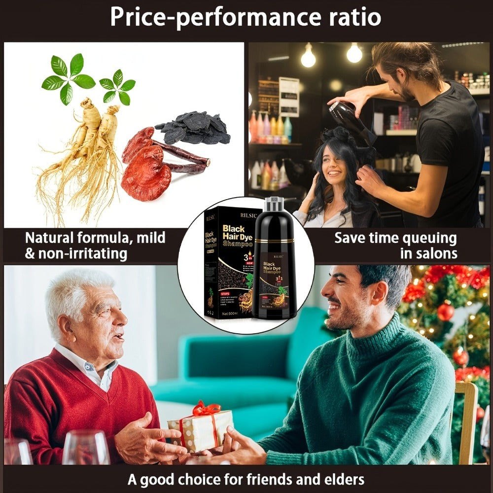 Grey Hair Dye Shampoo 3-in-1 Natural Plant-Based Herbal Formula – Non-Stick Scalp, Covers White Hair in Minutes, 500ml – Black, Dark Brown