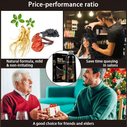 Grey Hair Dye Shampoo 3-in-1 Natural Plant-Based Herbal Formula – Non-Stick Scalp, Covers White Hair in Minutes, 500ml – Black, Dark Brown