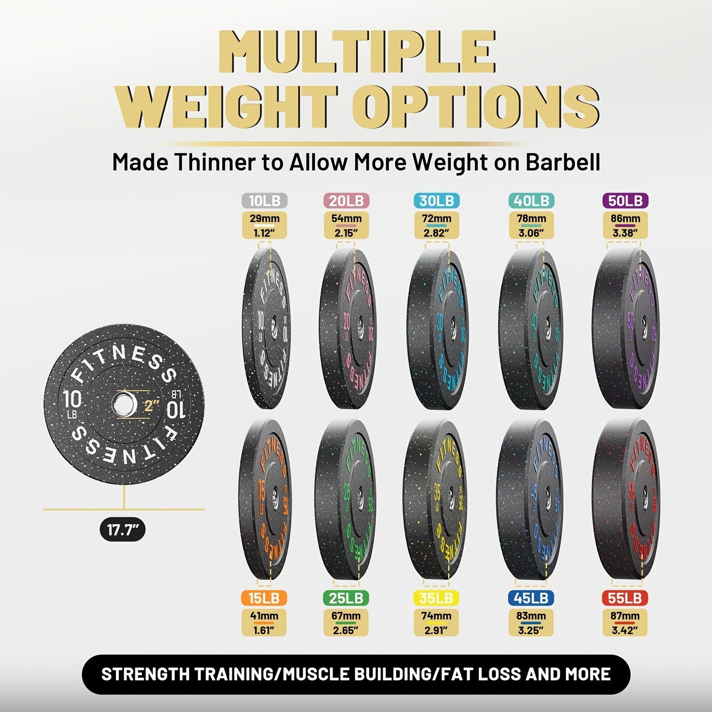 Bumper Plates Colored Rubber Weight Plates – 2-Inch Olympic Barbell Plates for Weightlifting & Strength Training