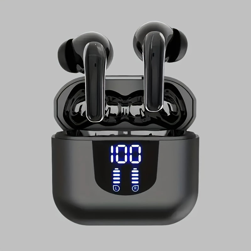 Bass Stereo Wireless Earphones Bluetooth 5.4, Playtime In-Ear Earbuds with Noise Cancelling Mic & LED Display
