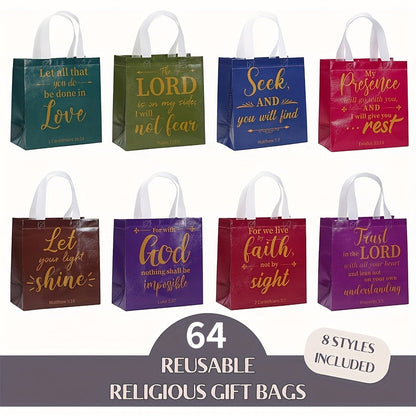 Gift Bag Set Bible Verse Print, 32 or 64 Non-Woven Bags in Eight Colors with White Handles and 9.06 x 8.66 x 4.33 Inch Size