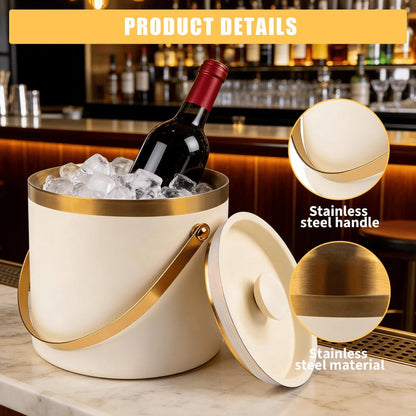 Stainless Steel Ice Bucket with Lid 44oz, 3-Layer Vacuum Insulated Large Ice Bucket with Ice Spoon & Drain