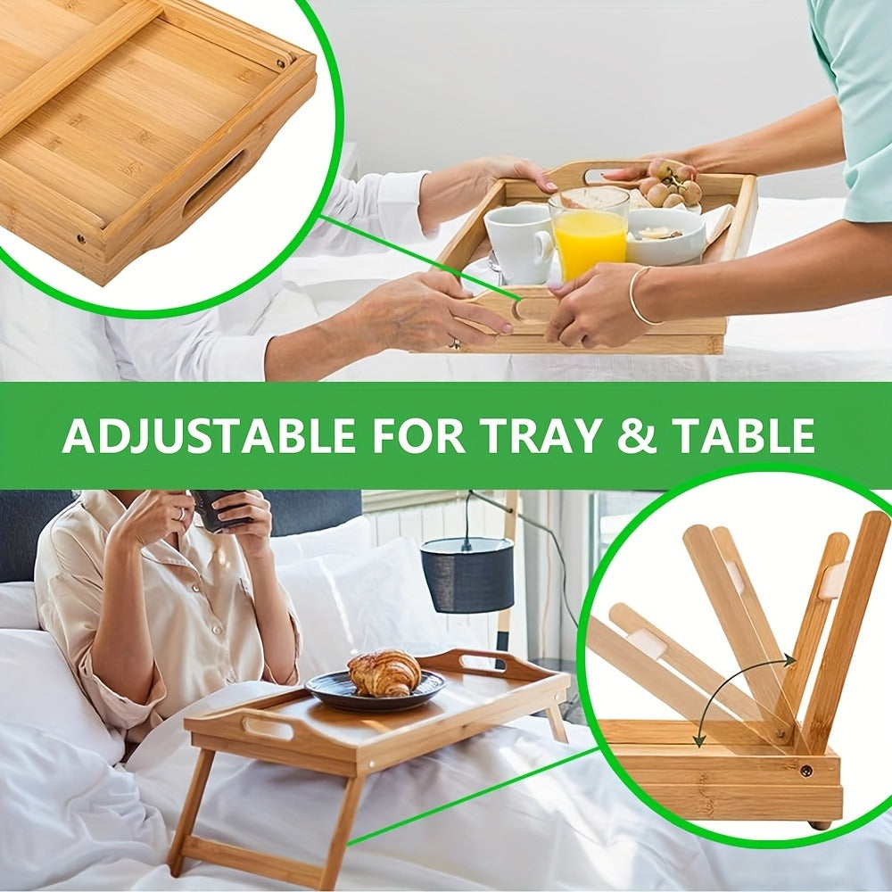 Bamboo Breakfast Tray with Folding Legs & Handles 2 Pack, Extra Wide Foldable Bed Tray Table for Eating