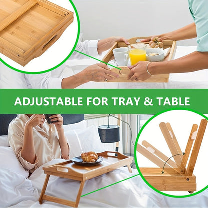 Bamboo Breakfast Tray with Folding Legs & Handles 2 Pack, Extra Wide Foldable Bed Tray Table for Eating