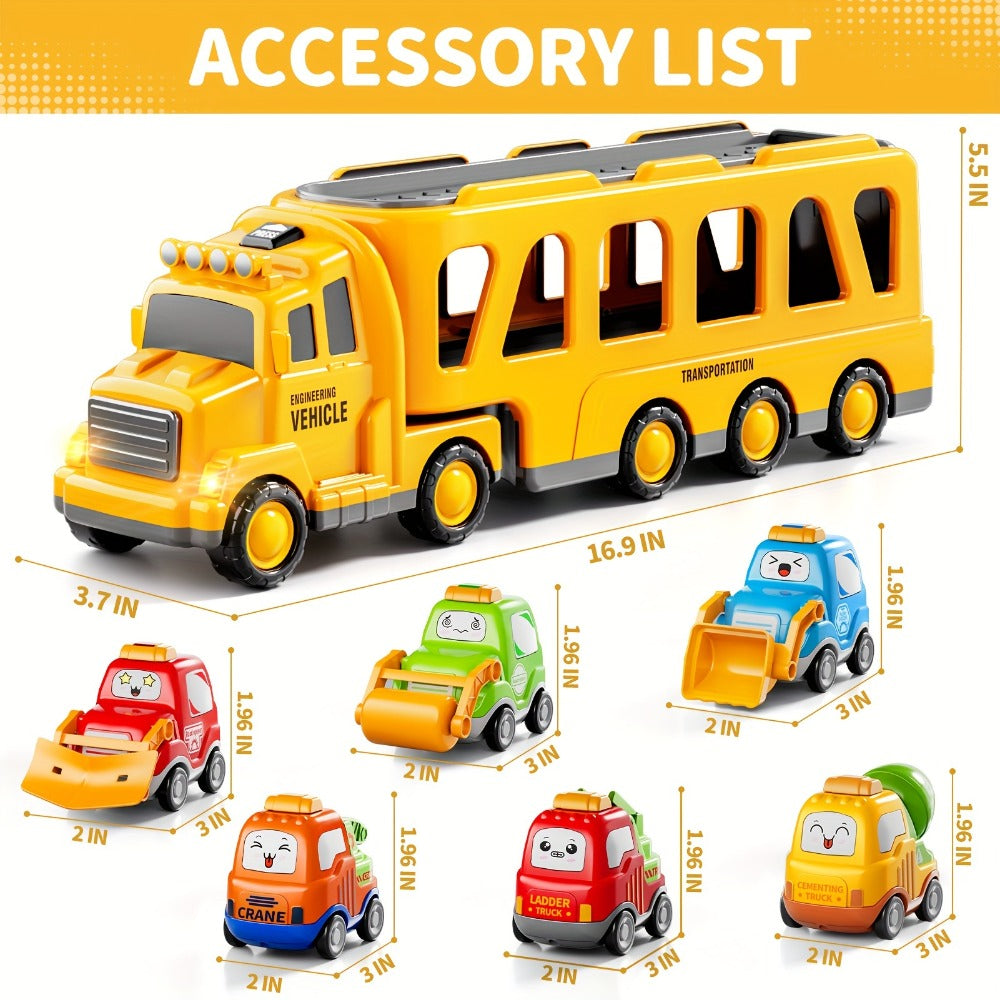 Transport Construction Truck Toy for Boys, 16.9 Inch Large Carrier Truck with 6 Cars, Lights & Sounds