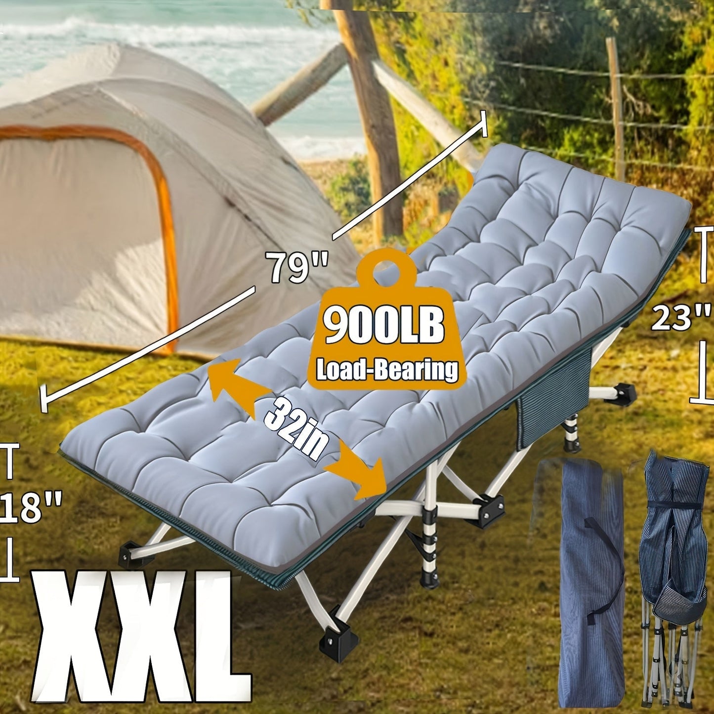 XXL Folding Camping Cot with Mattress – Extra Wide 27" & 32" Heavy Duty Sleeping Cot for Adults, 1200D Oxford Portable Camp Bed with Carry